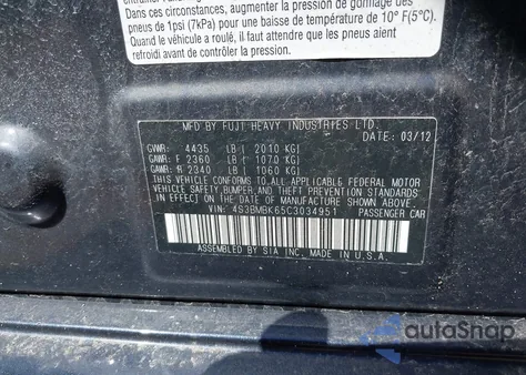 2012 Subaru Legacy 2.5I Limited z USA, uszkodzony, nr VIN 4S3BMBK65C3034951